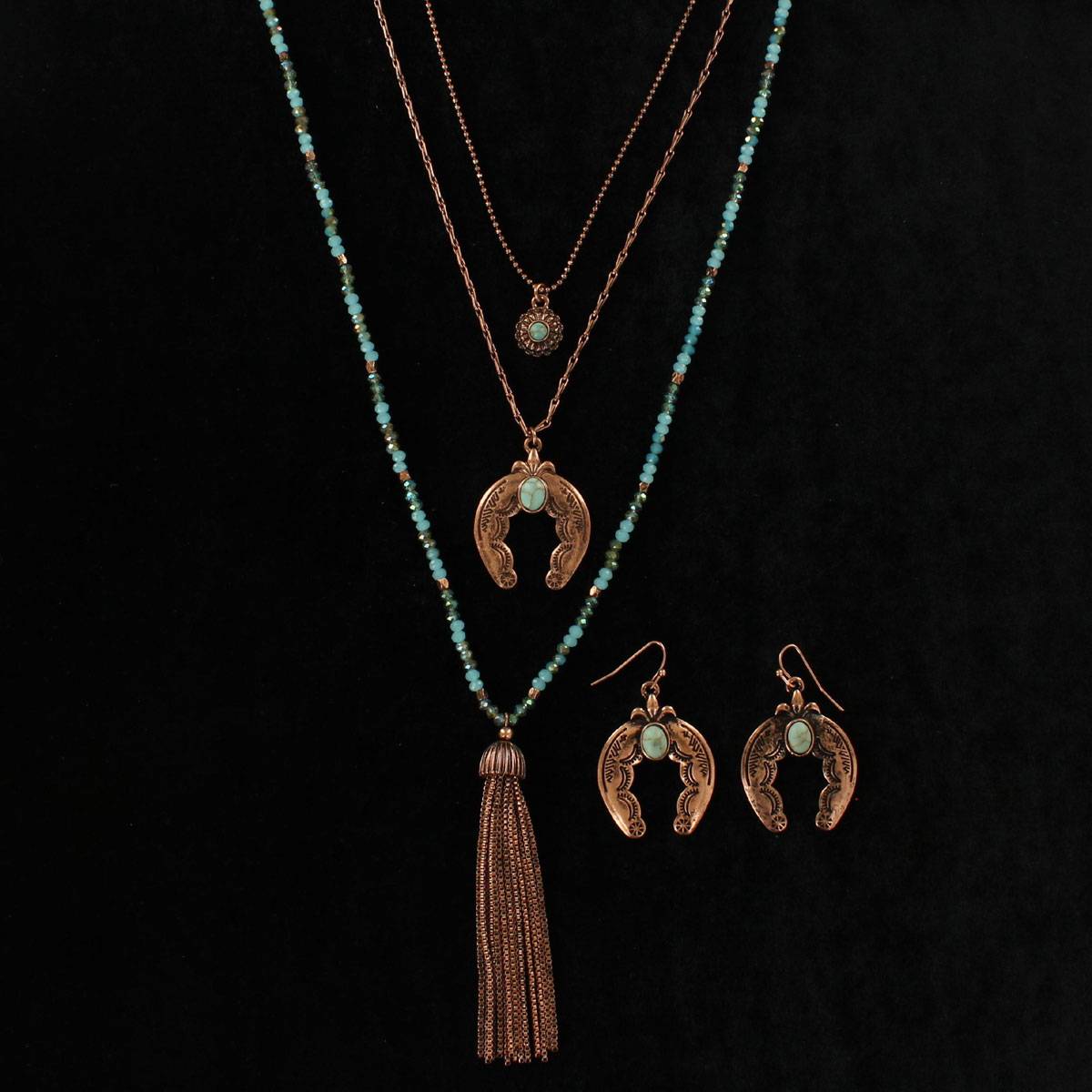 Blazin Roxx Squash Blossom Earrings And Multi Chain Tassle Necklace Set