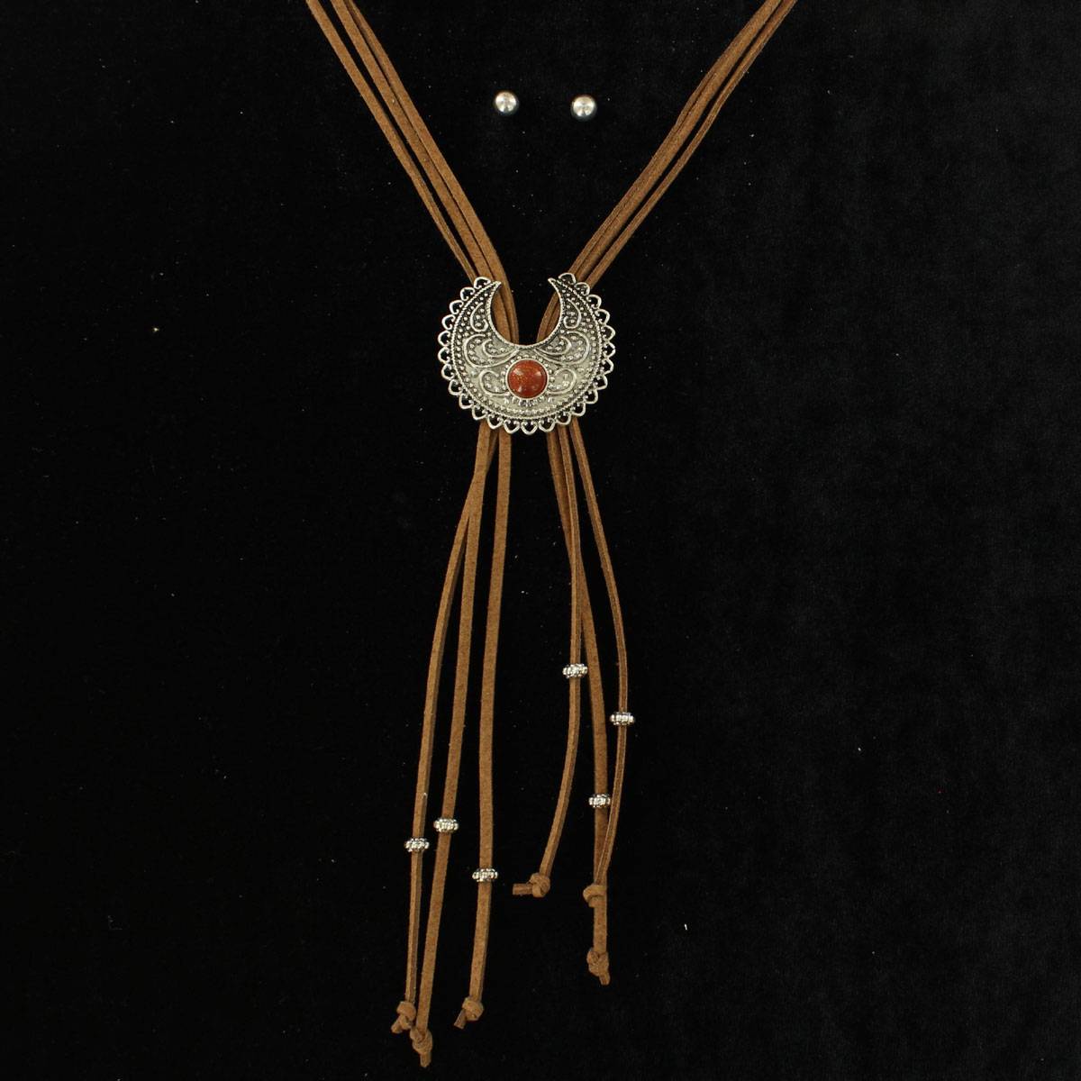 Blazin Roxx Center Stone Squash Blossom Suede Bolo Style Necklace And Earrings