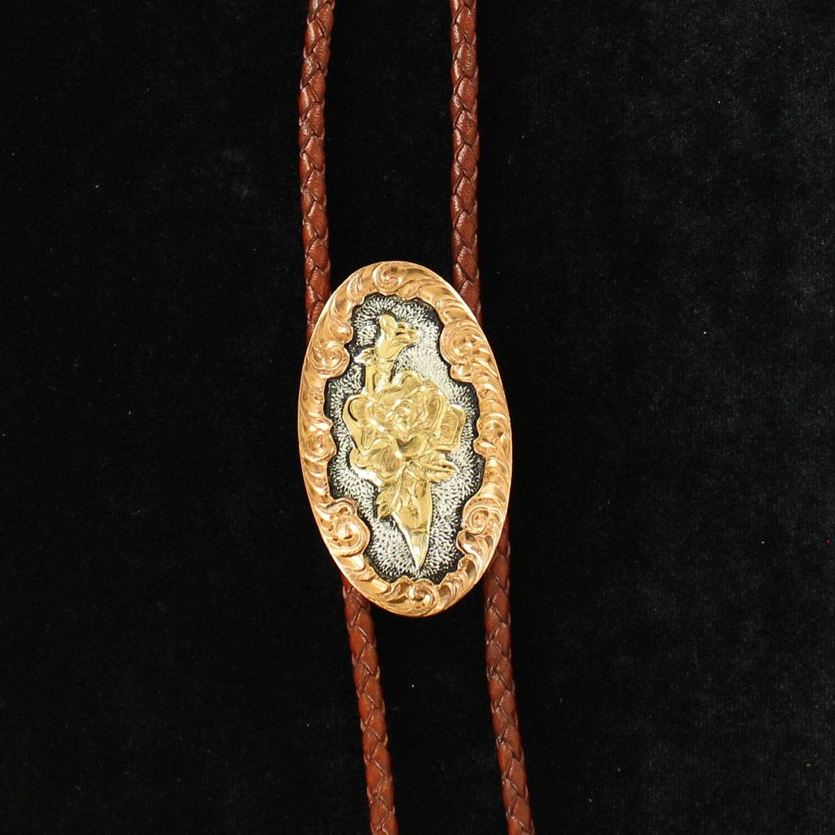 Crumrine Oval Three Tone Scroll Edge Floral Embossed Bolo Tie