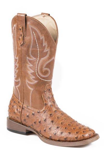 Roper Bumps Faux Ostrich Print Embroidered Square Toe Pull On Cowboy Boots (Little Kid-Big Kid)