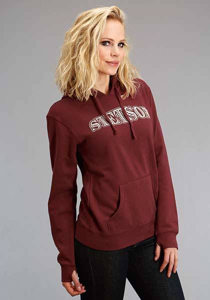 Stetson Ladies Applique Pocket Hooded Sweatshirt - White/Wine