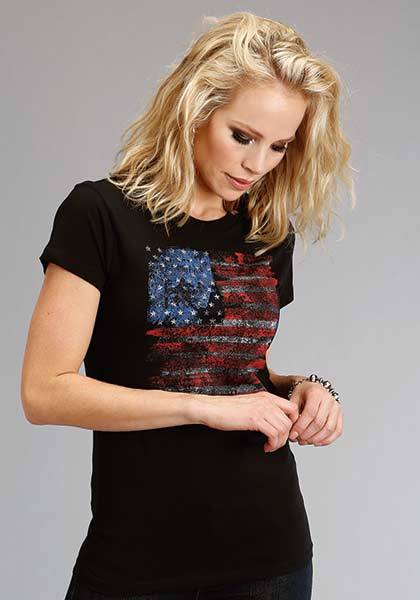 Stetson Ladies Distressed USA Flag Stetson Screen Print T-Shirt