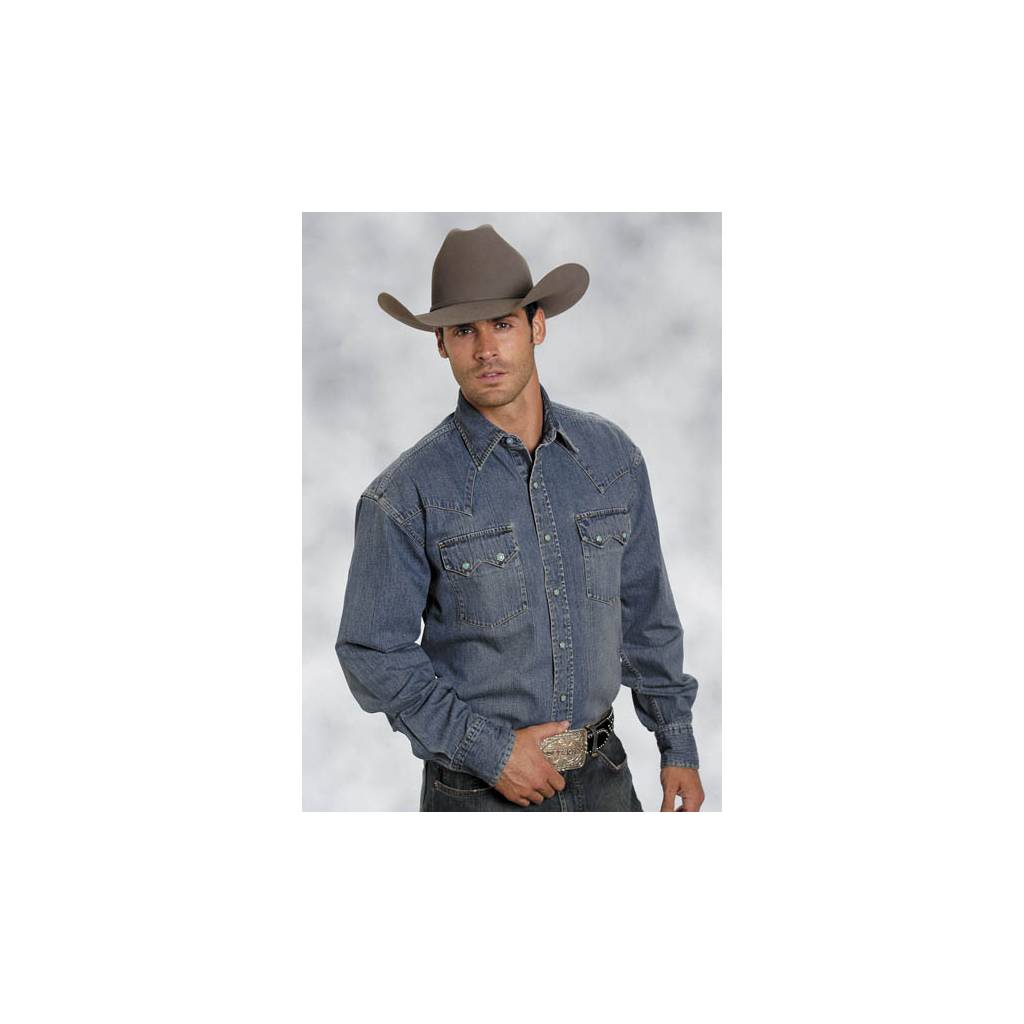 Stetson Mens Blue Lagoon Denim Deep Curved Yoke Long Sleeve Snap Shirt