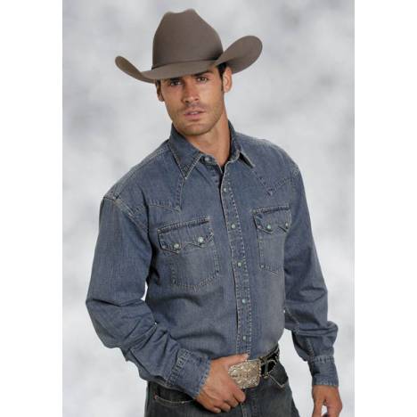 Stetson Mens Blue Lagoon Denim Deep Curved Yoke Long Sleeve Snap Shirt