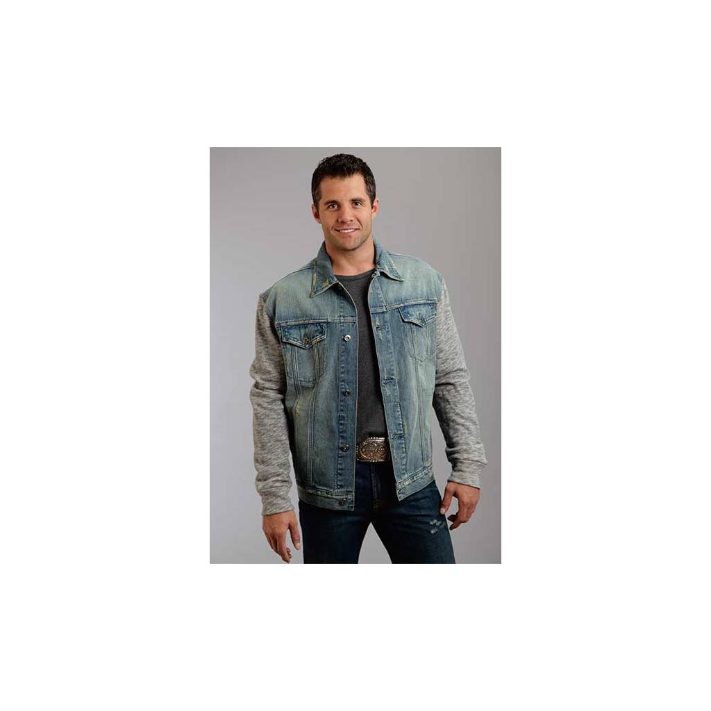 Stetson Mens Holiday Knit Sleeve Stretch Denim Jacket