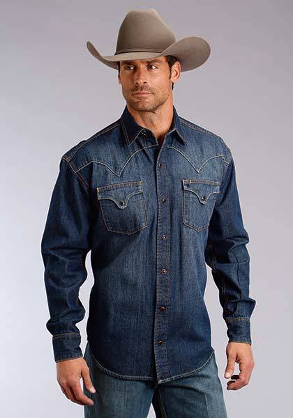 Stetson Mens Original Rugged Fancy Back Yoke Denim Long Sleeve Snap Shirt