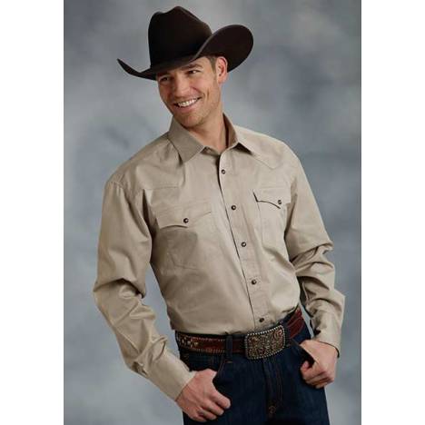 Roper Mens Tall Amarillo Solid Poplin Long Sleeve Snap Shirt - Khaki Brown