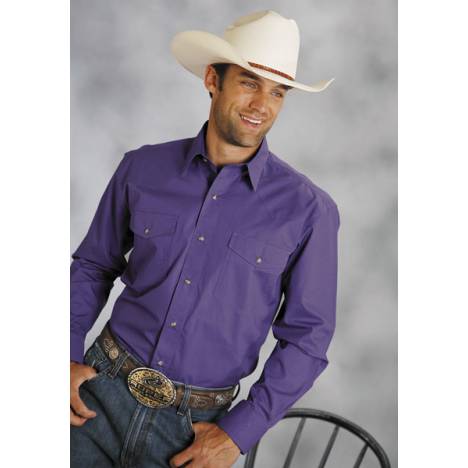 Roper Mens Tall Amarillo Solid Poplin Long Sleeve Variegated Snap Shirt - Purple