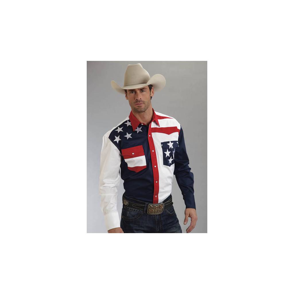 Roper Mens Americana Collection Colorblocked Flag Long Sleeve Snap Shirt