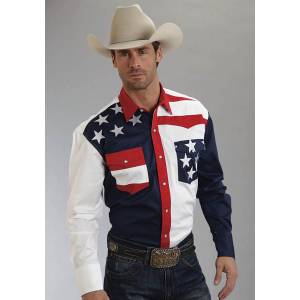 Roper Mens Americana Collection Colorblocked Flag Long Sleeve Snap Shirt