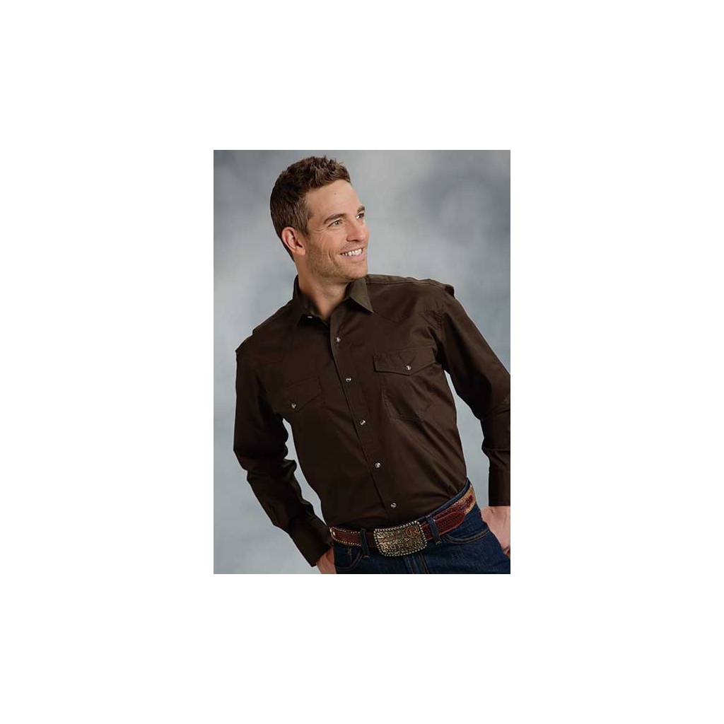 Roper Mens Poplin One Point Yoke Long Sleeve Variegated Snap Shirt - Brown