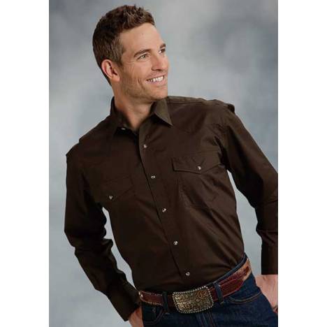 Roper Mens Poplin One Point Yoke Long Sleeve Variegated Snap Shirt - Brown