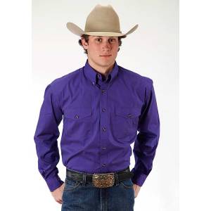 Roper Mens Poplin Western Long Sleeve Variegated Button Shirt - Purple