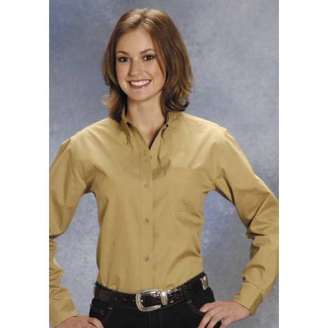 Roper Ladies Poplin Long Sleeve Variegated Button Shirt - Khaki