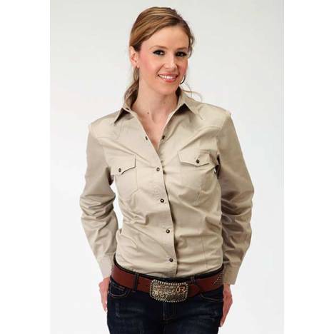 Roper Ladies Poplin Long Sleeve Variegated Snap Shirt- Tan