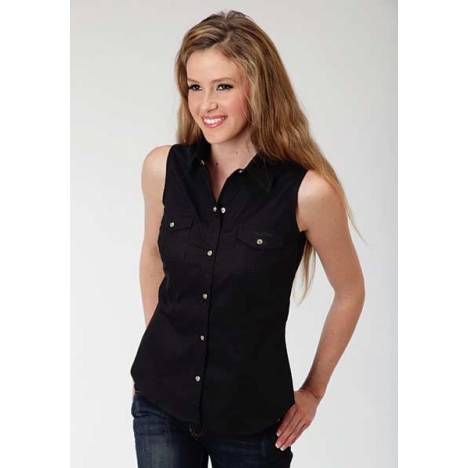 Roper Ladies Poplin Sleeveless Variegated Snap Shirt - Black