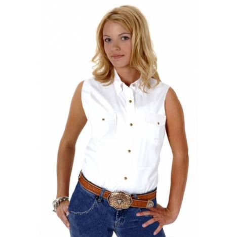 Roper Ladies Poplin Sleeveless Variegated Snap Shirt - White