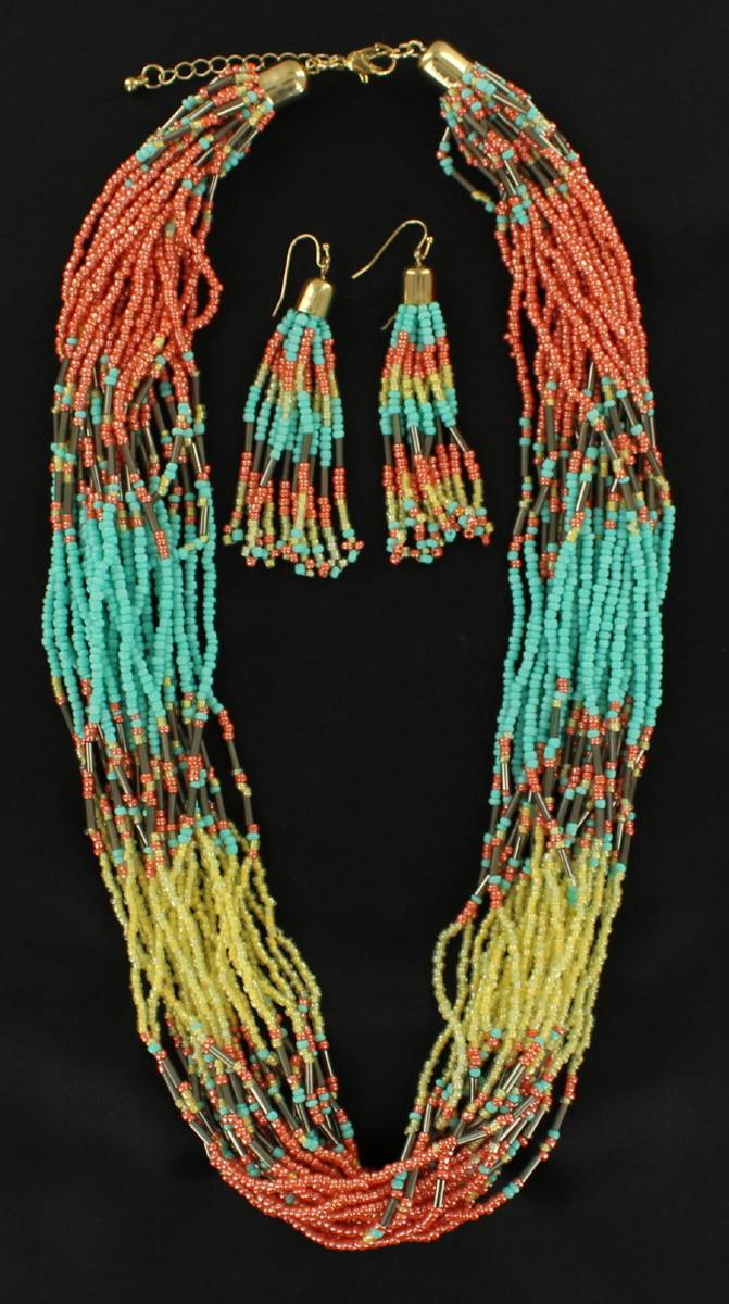 Blazin Roxx Colored Multi Strand Bead Necklace And Earrings Set