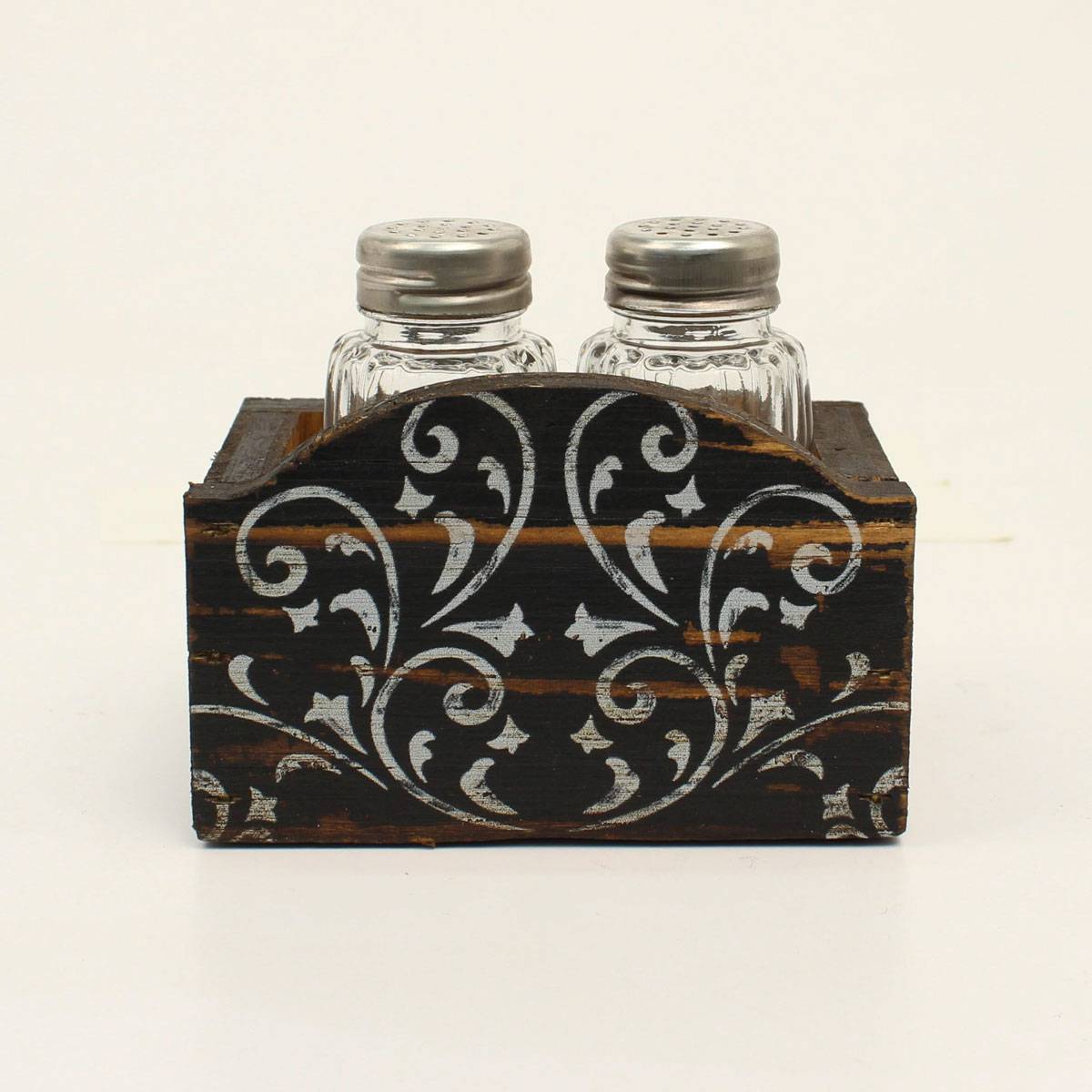 Western Moments Stained Wood Iv Scroll Salt And Pepper Shaker Holder