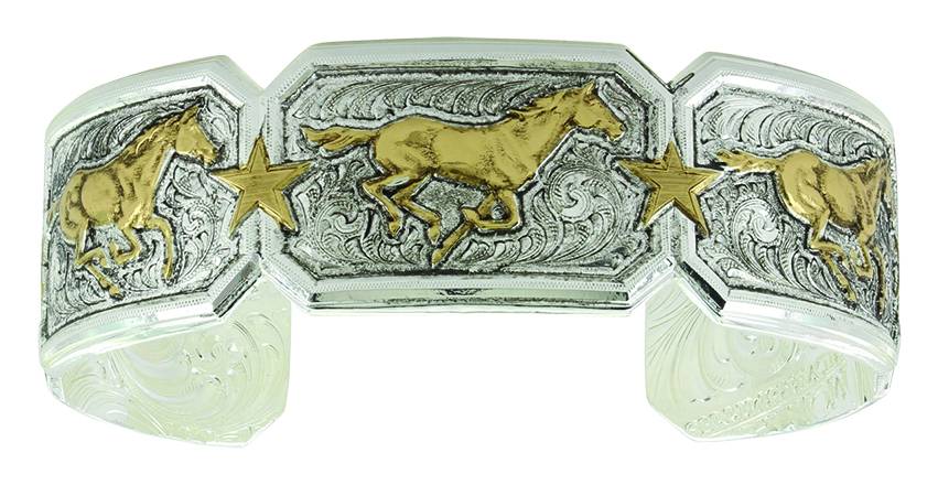 Montana Silver Antiqued Running Horse Mural Cuff Bracelet