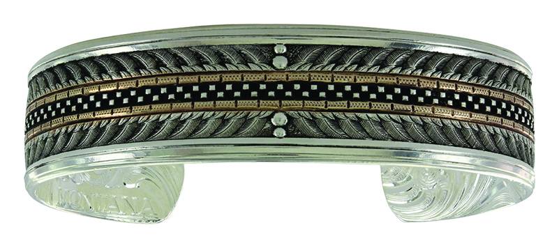 Montana Silver Antiqued Two Tone Stitched Feathers Cuff Bracelet