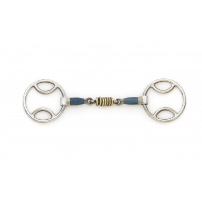 Centaur Blue Steel Double Joint Loop Ring Gag with Brass Rollers