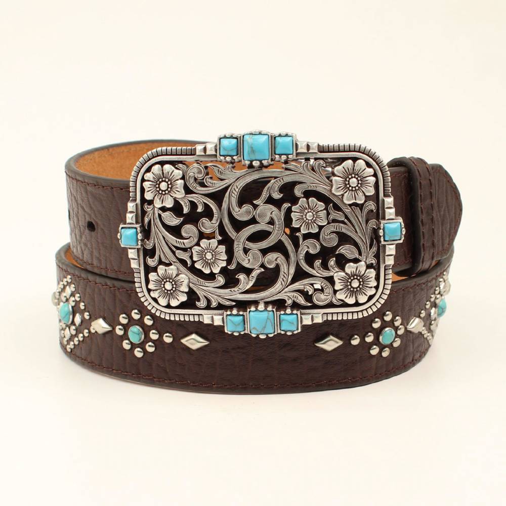 Nocona Ladies Turquoise Rivets Floral Belt | EquestrianCollections