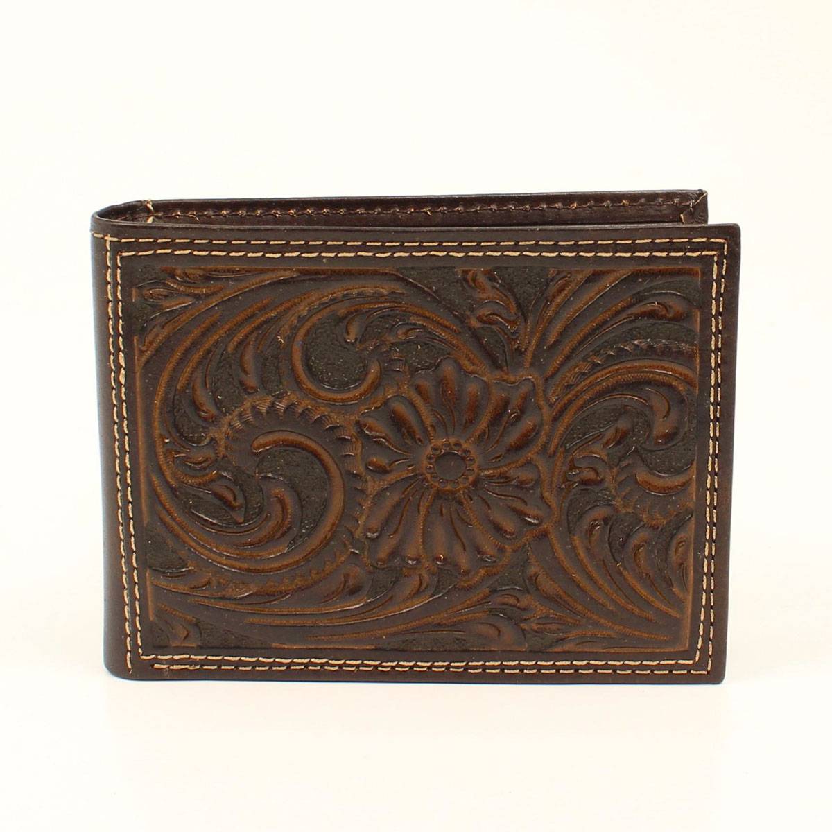 Western Bi-Fold Men/'s Rodeo Wallet Black Brown Floral Genuine Tooled Leather NEW
