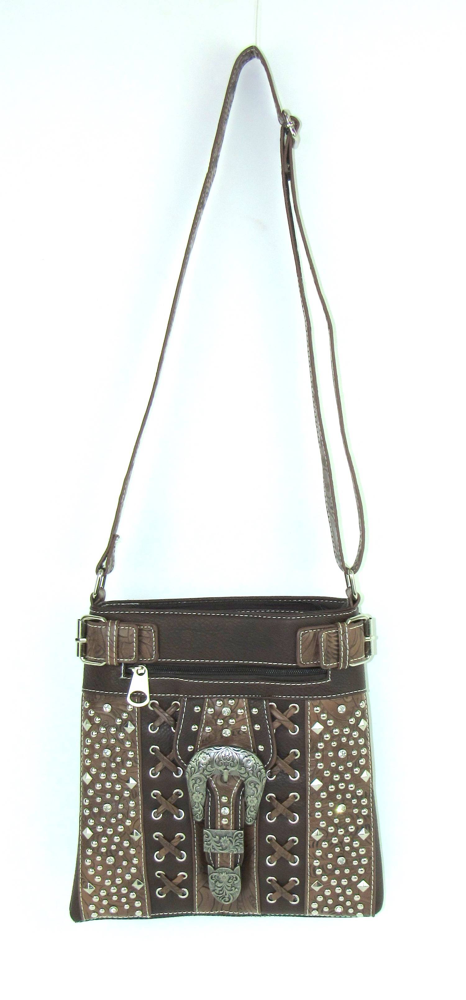 Savana Multi-Pocket Crossbody/Messenger Bag With  Pewter Studs