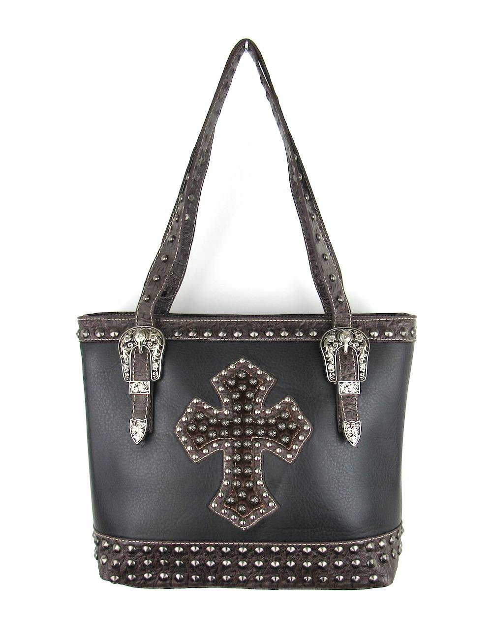 Savana Concealed Carry Large Tote Bag With  Hair-On Cross, Croco Trim & Studs