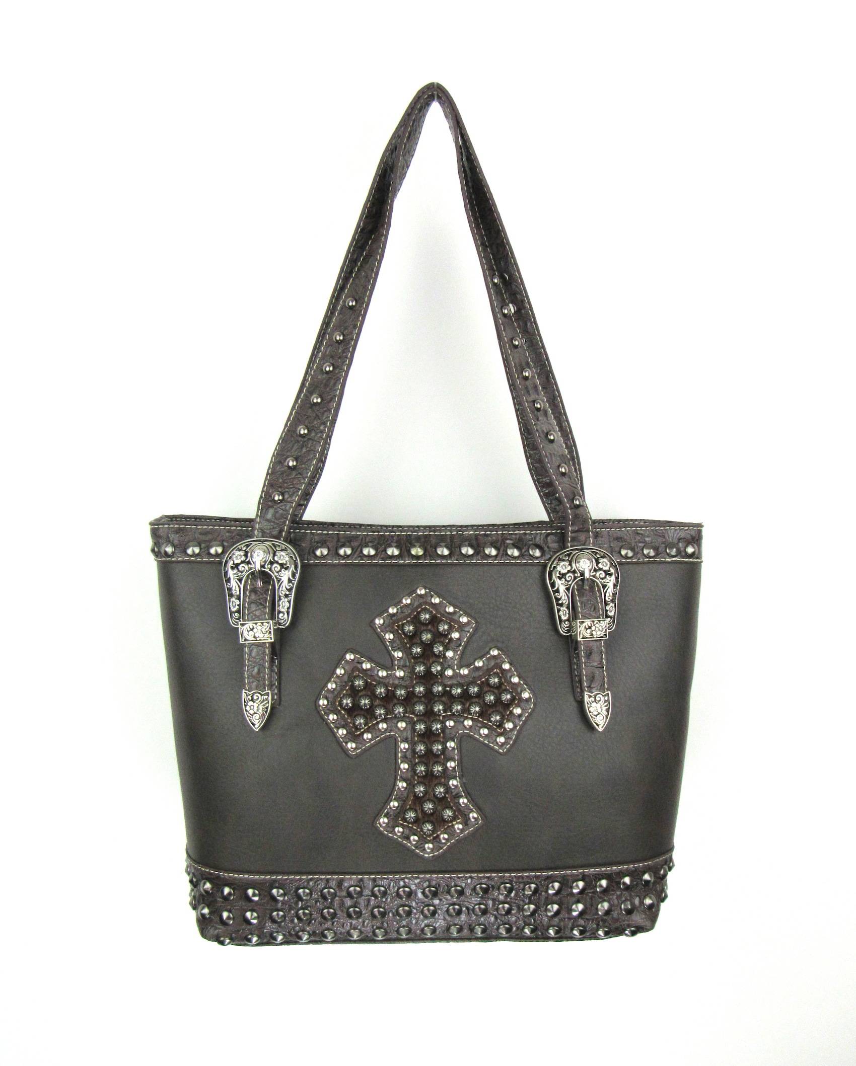 Savana Concealed Carry Large Tote Bag With  Hair-On Cross, Croco Trim & Studs