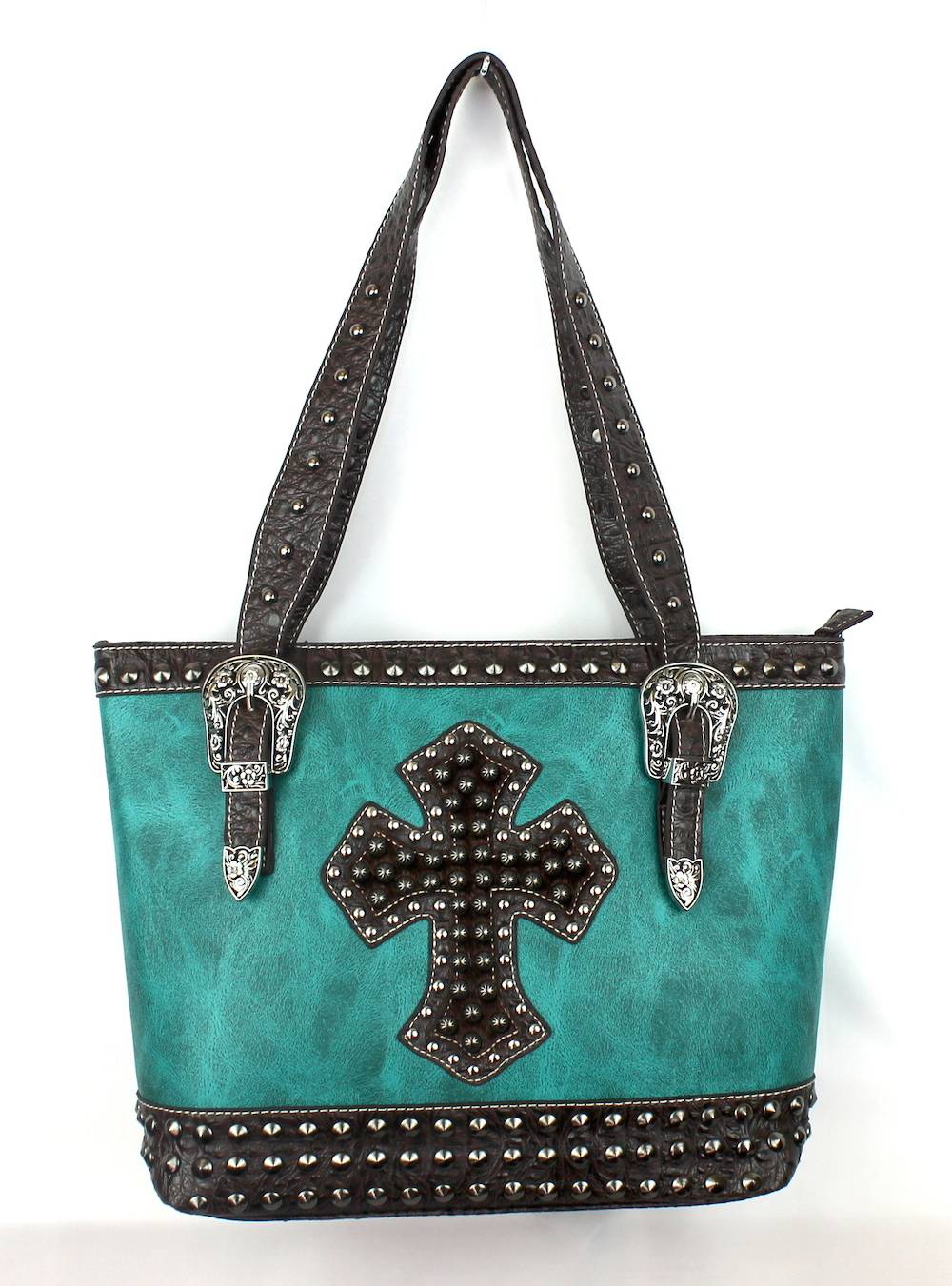 Savana Concealed Carry Large Tote Bag With  Hair-On Cross, Croco Trim & Studs