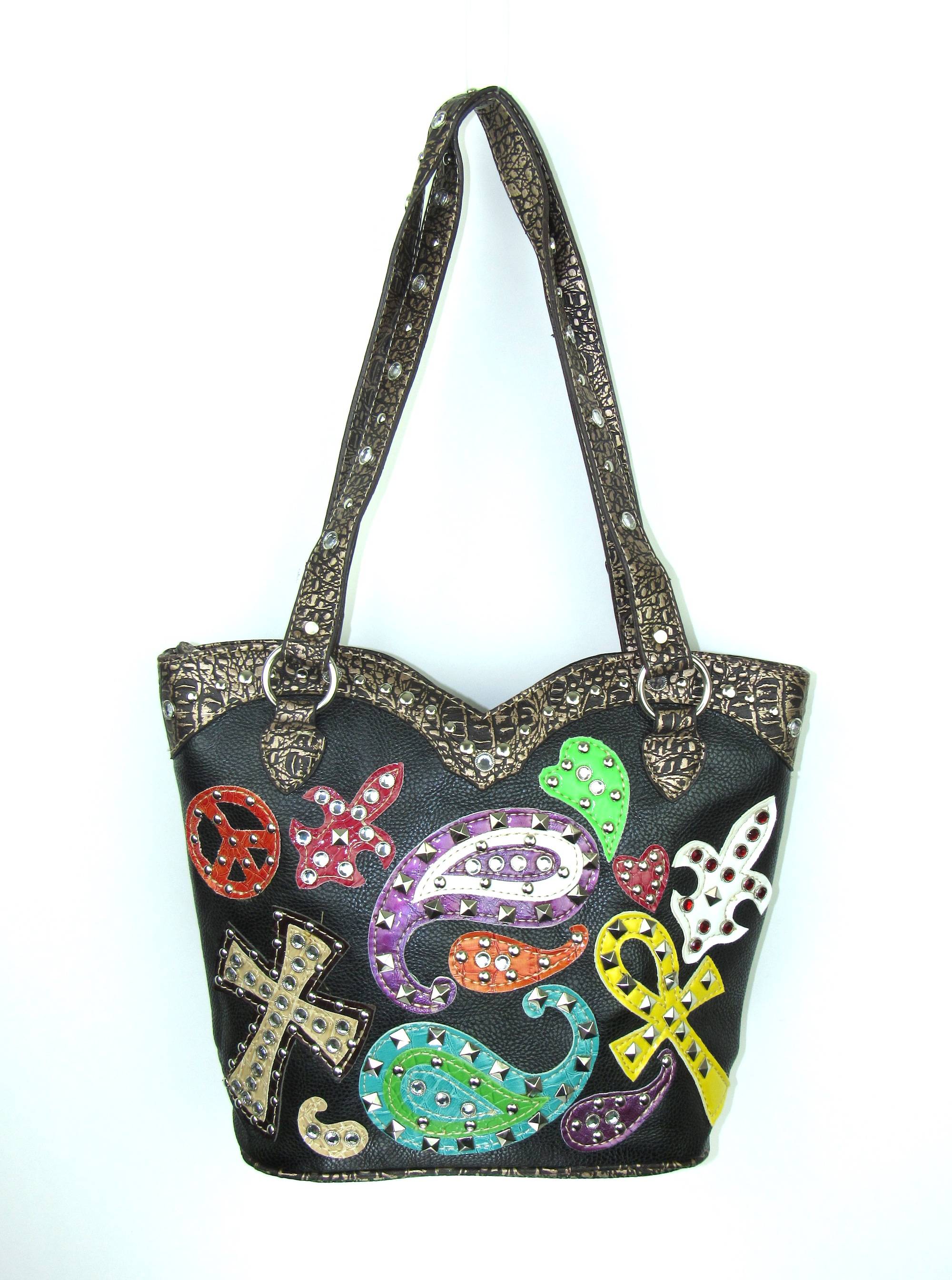 Savana Two Handled Tote With  Cross, Peace, & Paisley Cutouts