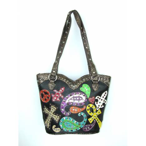 Savana Two Handled Tote With Cross, Peace, & Paisley Cutouts