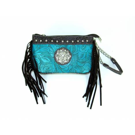 Savana Wristlet Organizer Tooled With Concho Croco Trim, Studs And Fringe