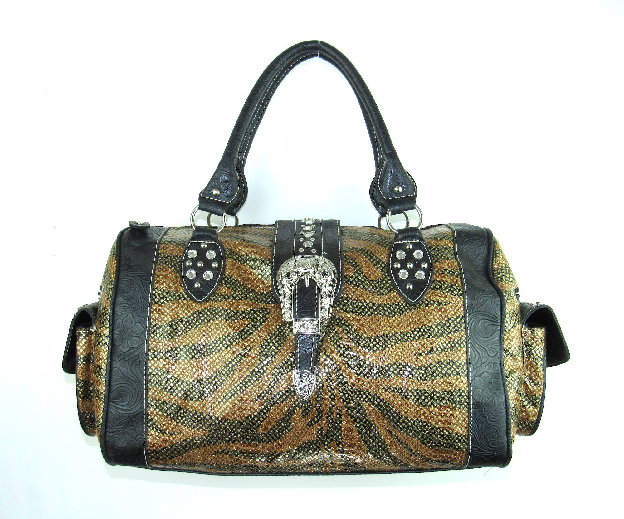 Savana Duffle Bag With Brown Tiger Stripes Design & Rhinestones