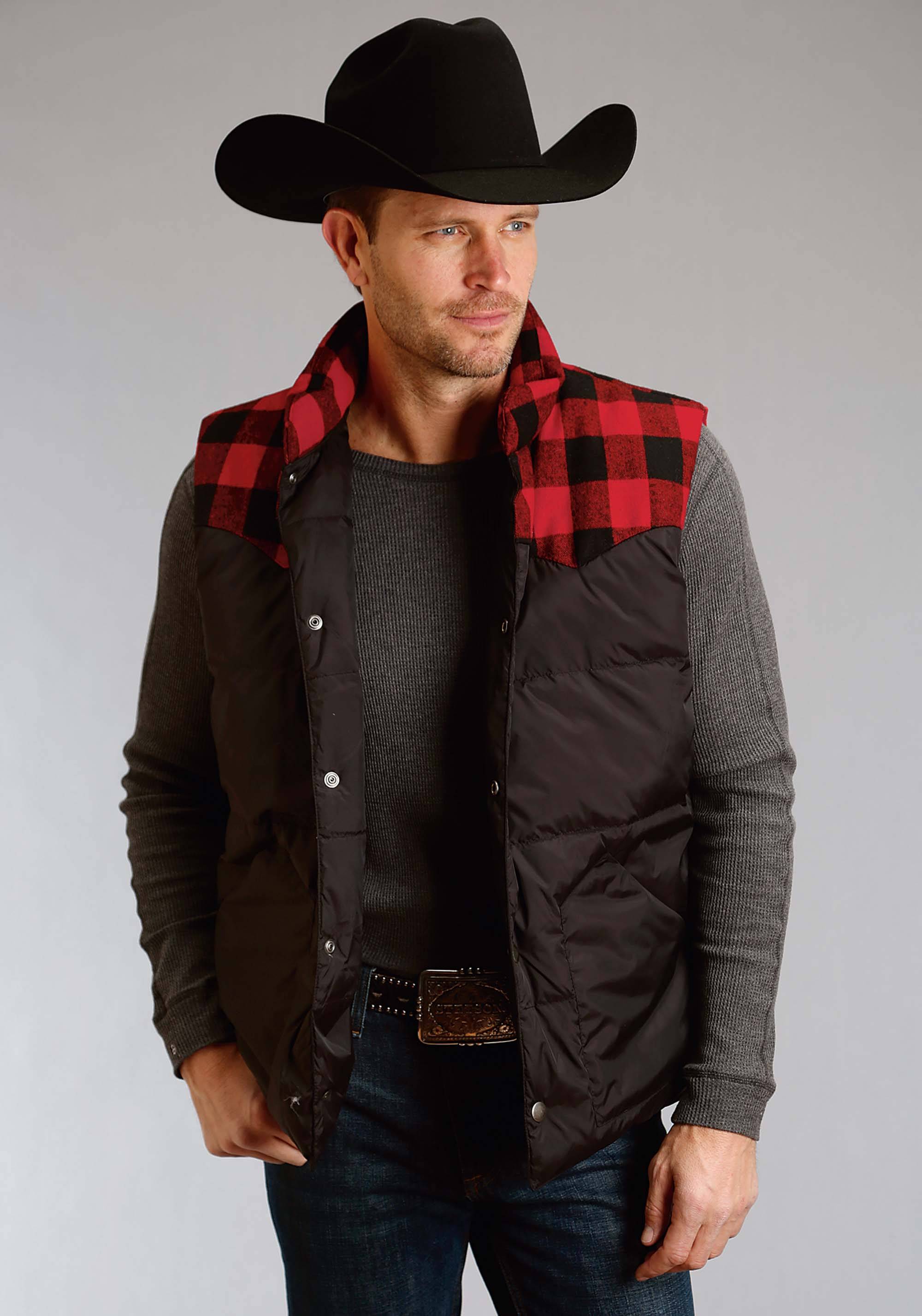 Stetson Nylon Quilted Vest - Mens - Black - Red Plaid Yoke