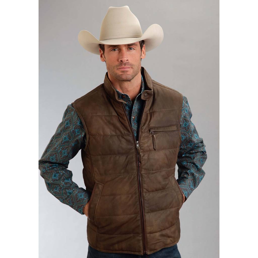 Stetson Leather Puffy Vest - Mens - Brown