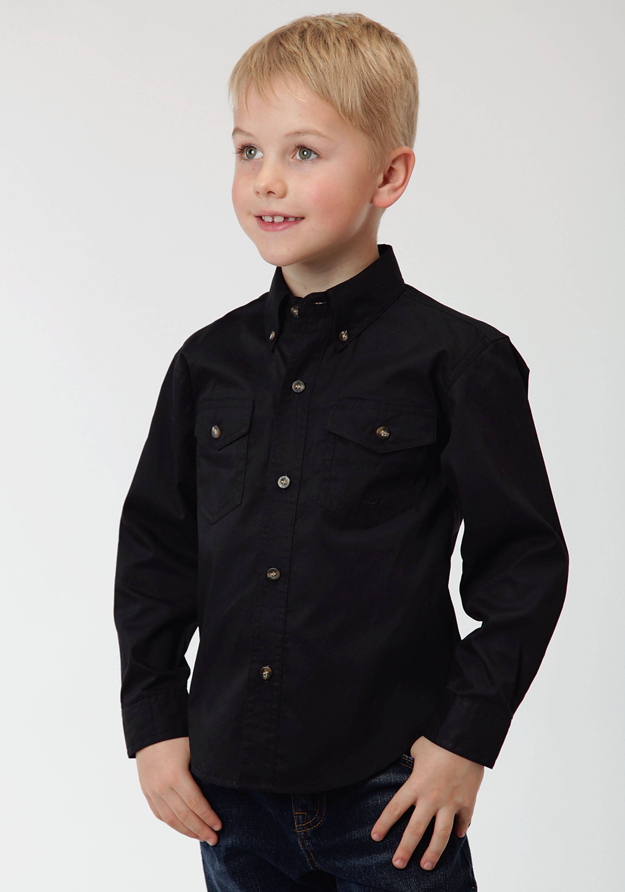 Roper Solid Poplin Button Western Shirt - Boys - Black