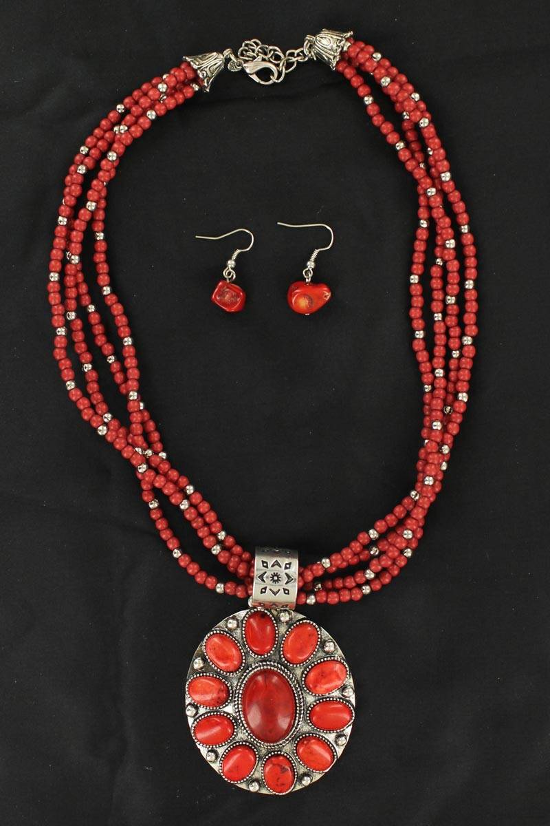 Coral Concho Multi-Strand Necklace and Earrings Set