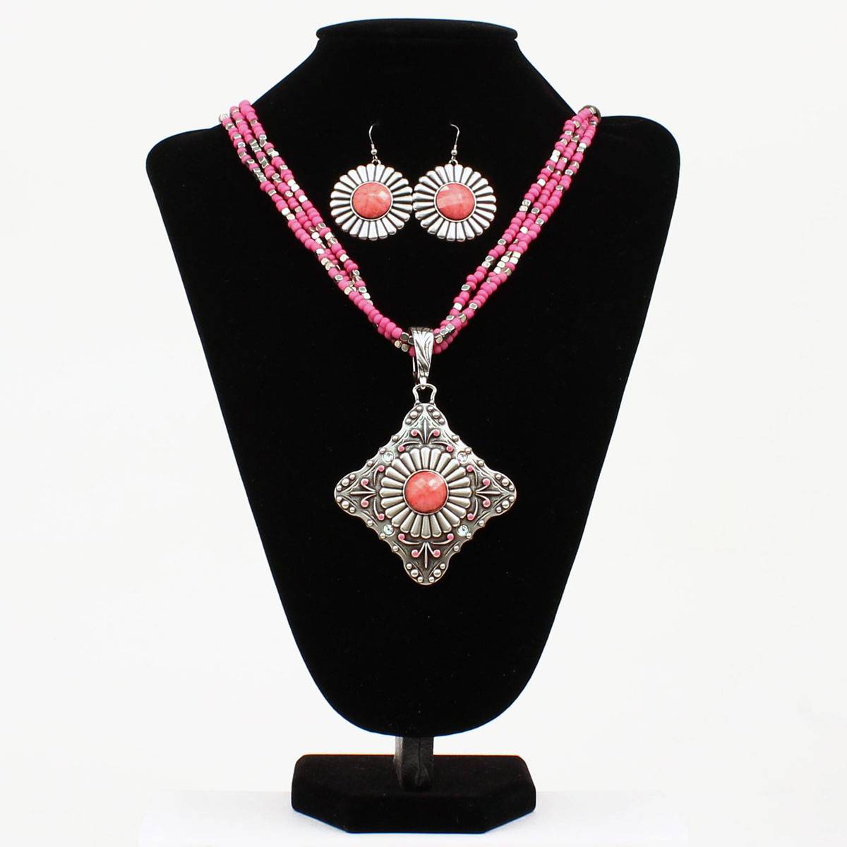 Daisy Floral Concho Multi-Stand Necklace and Earrings Set