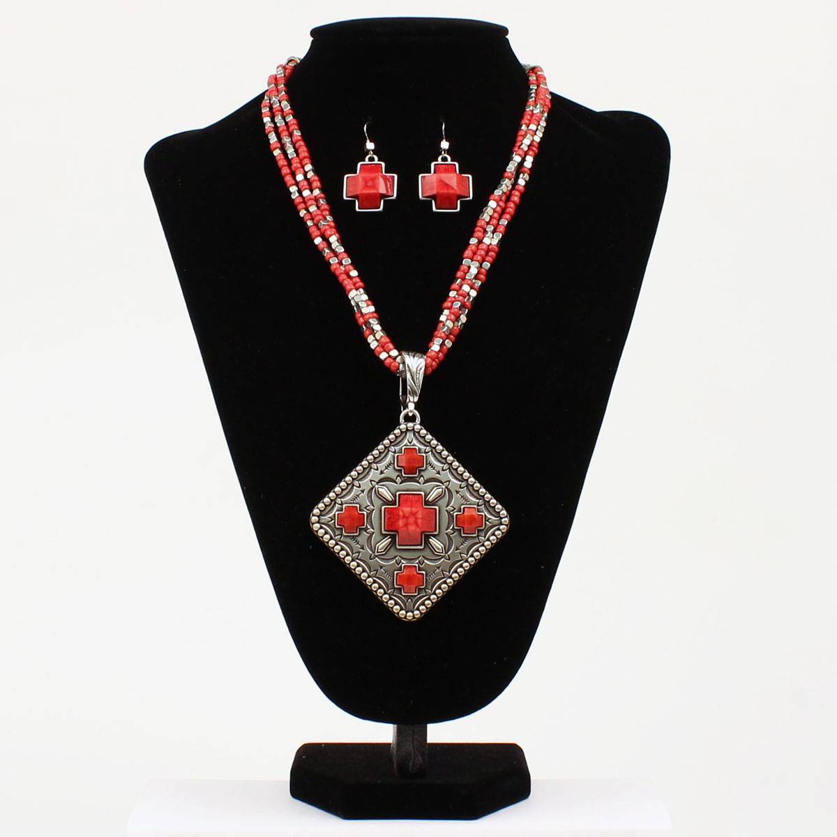 Diamond Cross Style Multi-Strand Necklace and Earrings Set