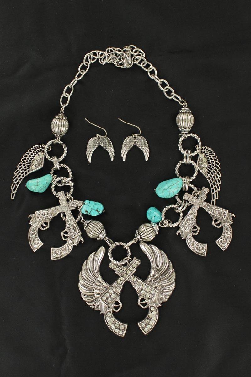 Winged Pistols Necklace and Earrings Set