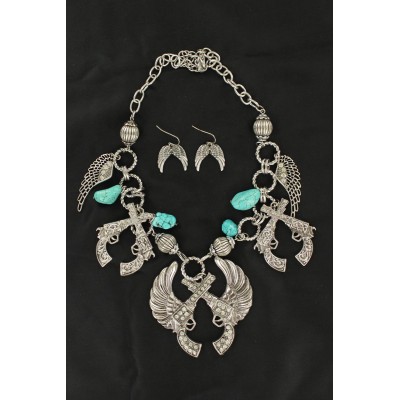 Winged Pistols Necklace and Earrings Set