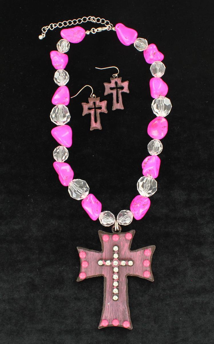 6-197318 Large Pink Cross Necklace and Earrings Set sku 6-197318