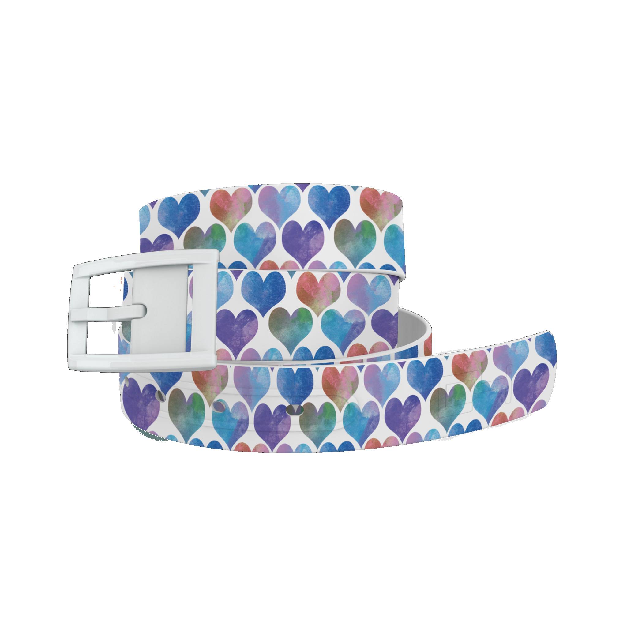 4-119349 C4 Belt Watercolor Hearts Blue Belt with White Buc sku 4-119349