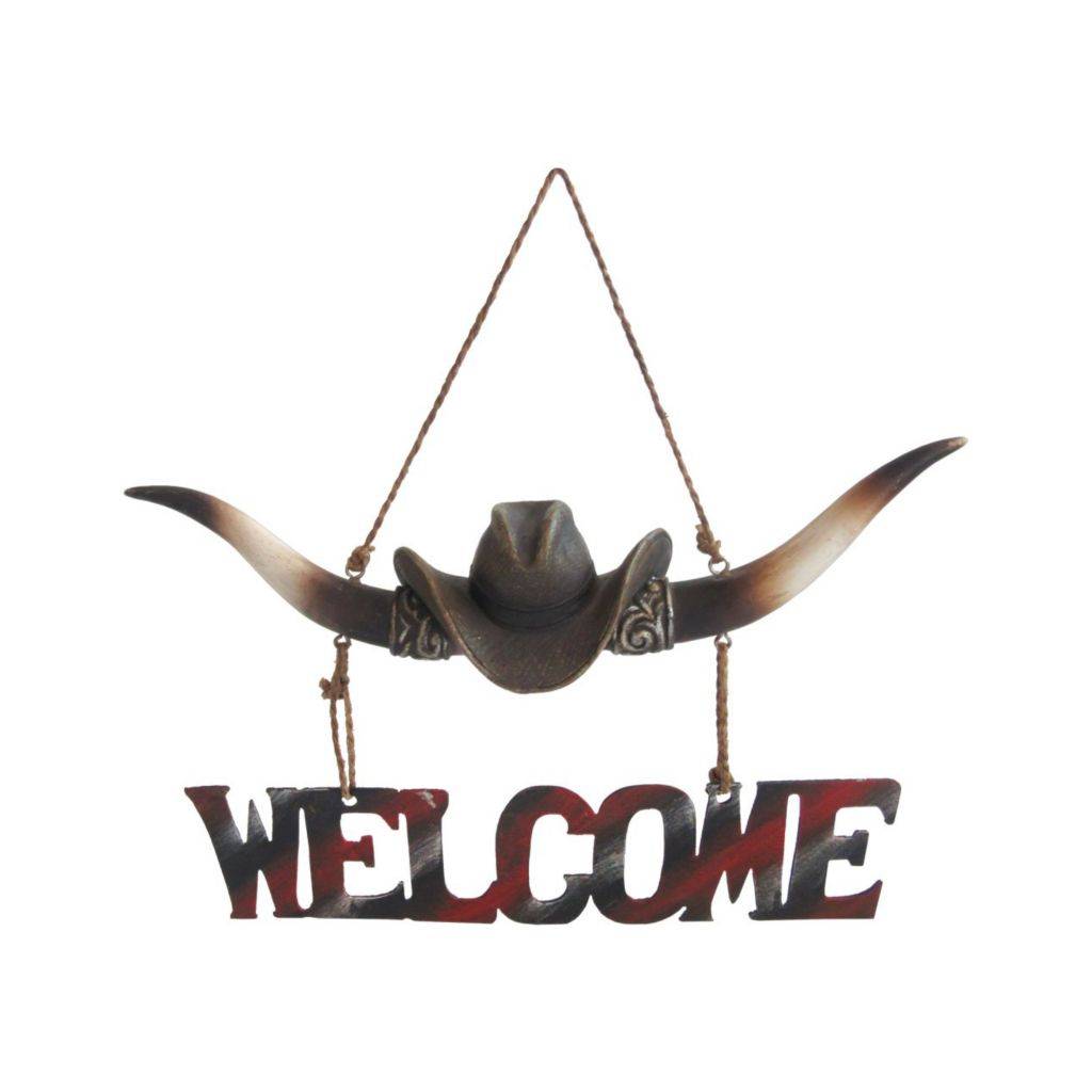 Gift Corral Longhorn with Cowboy Hat Welcome Sign