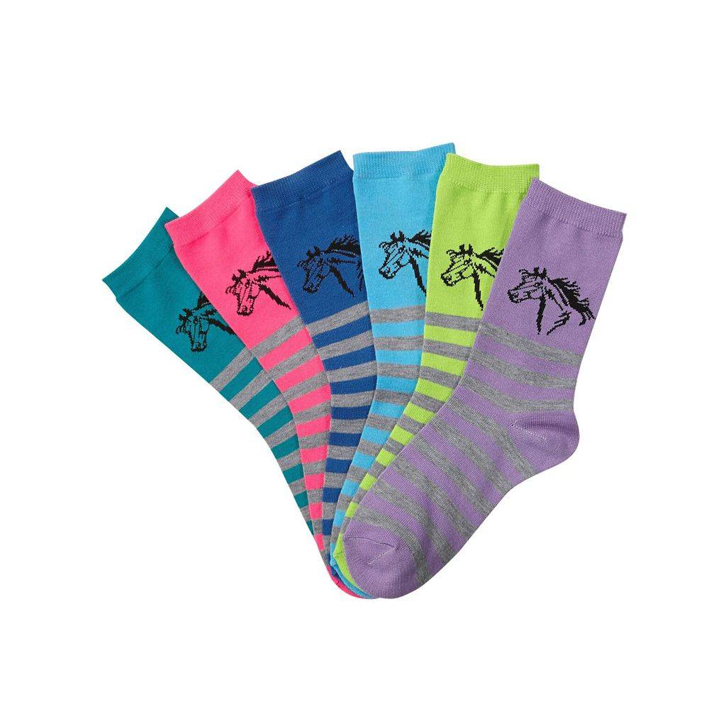 AWST Int'l Ladies "Lila" Horses in Stripes Crew Socks - 6 Pack