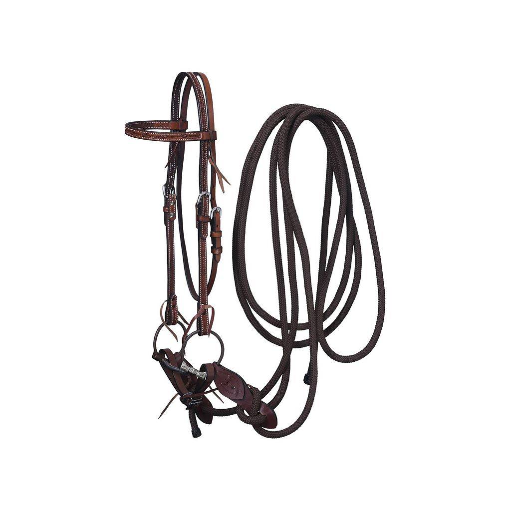 Tough-1 Leather Browband Headstall, Snaffle & Mecate Set