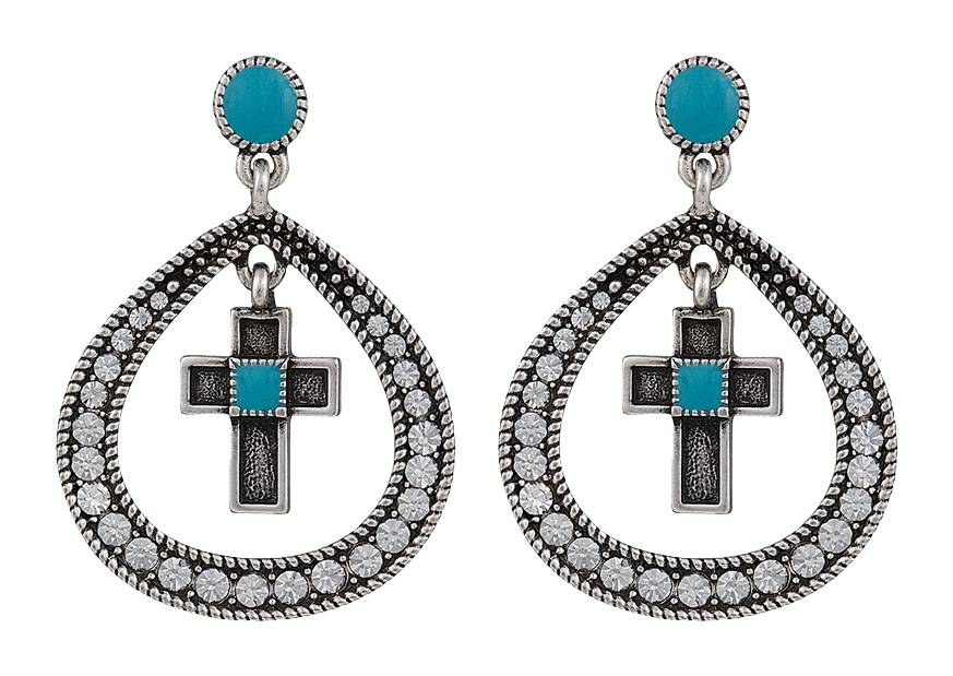 Rock 47 Rocks and Roll Rhinestone Teardrop Cross Earrings